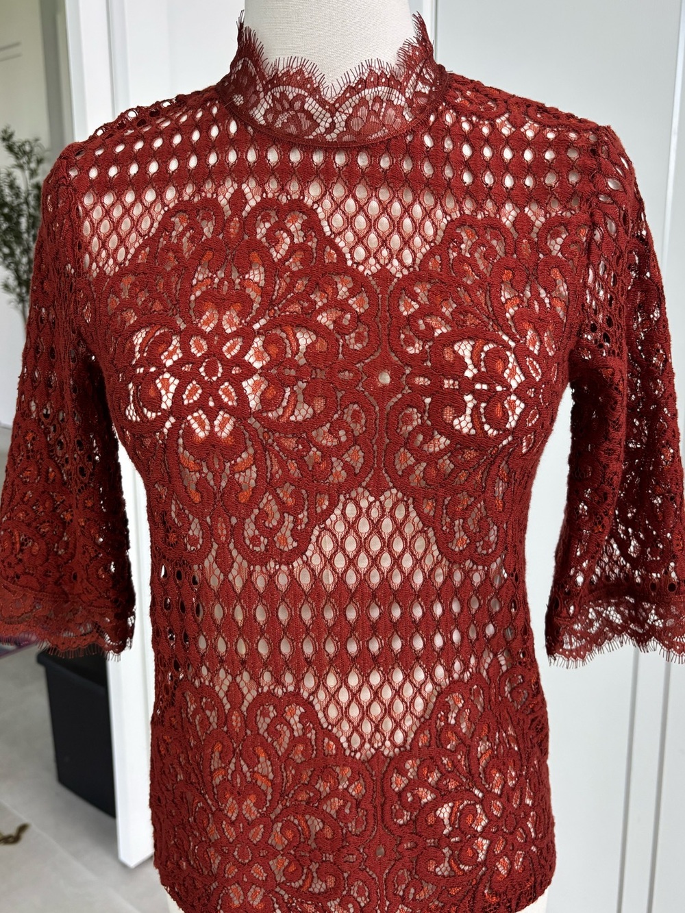 Zara Burnt Orange Lace Mock Neck Blouse